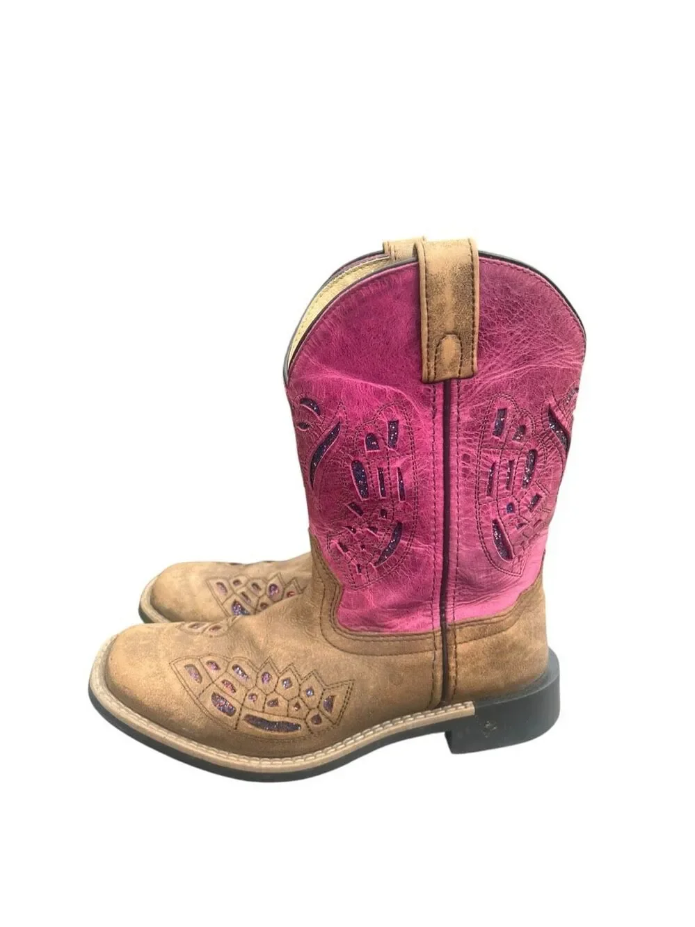 Shyanne Girls 3 Chloe pink glitter brown square toe western cowgirl boots